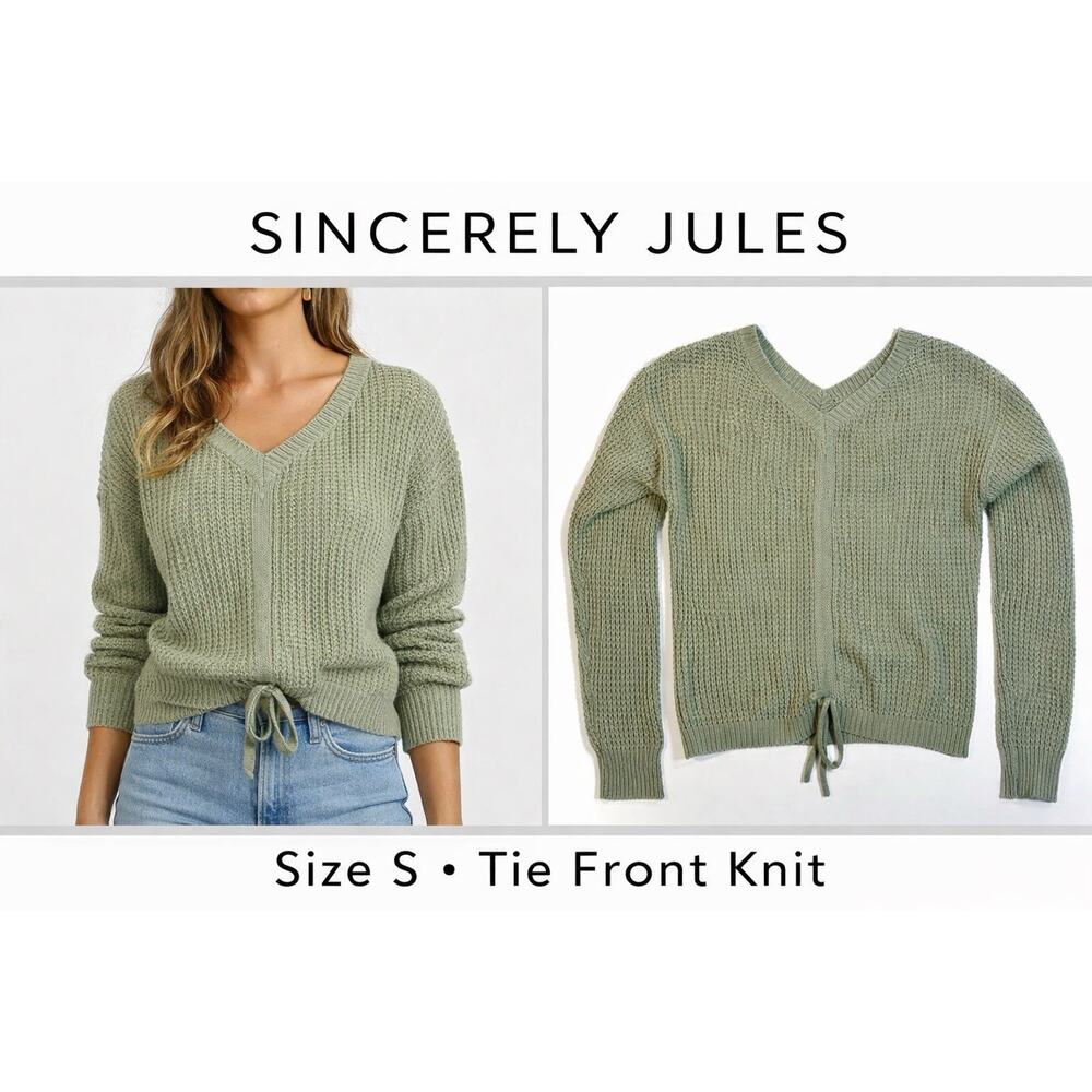 Sincerely Jules Sweater Womens Small Green Knit Tie Front V Neck Cozy Top